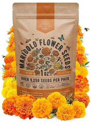 Marigold Seeds Pack 1 oz - Over 9,250 Non-GMO Heirloom Marigold Seeds for Planting Indoor & Outdoor Gardening, Flower Seed for Planting Home and Garden, Flowers Seed in Individual Packet