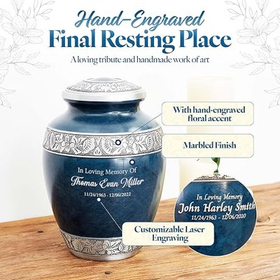 Personalized Cremation Urn for Adult Human Ashes - Custom Engraved Name Large Handcrafted Funeral Memorial with Striking Design (Aluminum - 10 Inch Height x 7 Inch Width) (Blue)
