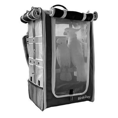 Birds Day Cockatoo Carrier Backpack-Parrot Travel Cage with Wooden Perch and Food Bowl, Stainless Steel Tray (Charcoal Gray, Cockatoo & Similar)
