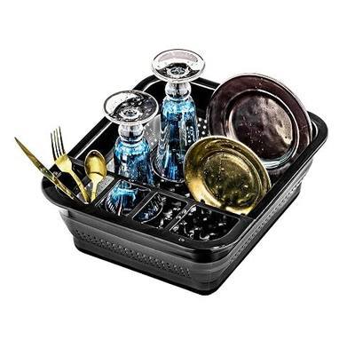 madesmart Collapsible Dish Rack, Foldable Dish Drying Station for Plates, Bowls, Cups & Utensils, Integrated Draining Board, Non Slip Base, Durable & Easy-Clean Kitchen Drying Organizer, Carbon