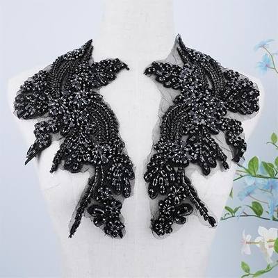 1 Pair Handmade Beaded Rhinestone Appliques, Sew on Crystal Flower Lace Patch,Multi-Color Pairs for DIY Clothing, Wedding Dress, Home Decor (Black)