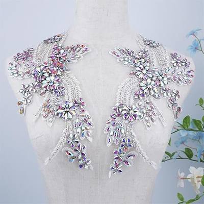 1 Pair Handmade Beaded Rhinestone Appliques, Sew on Crystal Flower Lace Patch,Multi-Color Pairs for DIY Clothing, Wedding Dress, Home Decor (Rainbow Sliver)