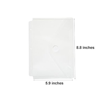 Plastic 3 Ring Binder Pockets Clear Pouches for 5.5’’ x 8.5’’ Paper Folder Organizer Hook Loop Closure 10 Pack