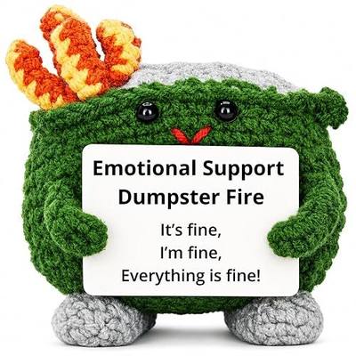 Emotional Support Dumpster Fire Crochet Plush, Funny Stress Relief Desk Gift for Coworkers, Manager, Counselor, Teacher, Therapist, Office Decor, Everything is Fine Gag Gift