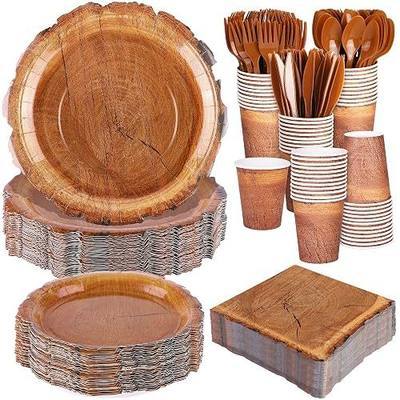 Kochorie 400 Pieces Wood Grain Slice Disposable Party Tableware Sets Rustic Wood Party Supplies Including Plates Cups Napkins Cutlery Serves 50 for Camping Birthday Forest Themed Party Decorations
