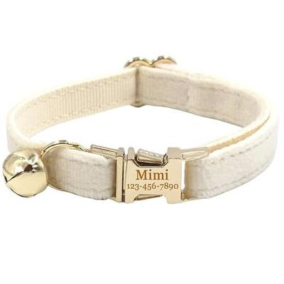 Personalized Cat Collar with Bells,Velvet Customized Small Cat Collar with Name Tag,Pet Collar with Name Phone Number Engraved ID Tags for Boy and Girl Kitten Cats (Cream)