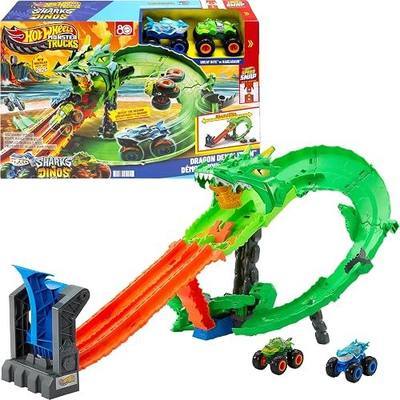 Hot Wheels Monster Trucks Sharks vs. Dinos Dragon Destruction Playset | Includes 1:64 Scale Great Bite & Rageasaur, Race to Defeat the Cyborg Nemesis, Play with Toy Trucks