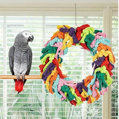 Parrot Swing for Large Birds - Colorful Cotton Rope Hanging Ring Toy for African Grey, Cockatoo, Conure, and Parakeet | Chewing, Exercise, Climbing, and Snuggling (Parrot Swing)