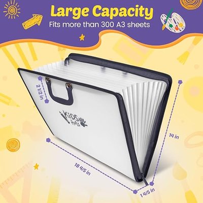 11x17 Kids Art Portfolio - Accordian File Organizer with 13 Pockets, Art Portfolio for Kids with Handle and Zipper Closure - Oxford Cloth, Frosted Translucent Artwork Folder for Children - 1 Pack