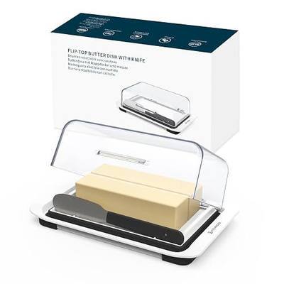 KITCHENDAO Airtight Flip-Top Butter Dish with Lid and Knife Spreader for Countertop and Refrigerator, Butter Keeper, Plastic Butter Holder Tray for 2 Sticks East Coast/ West Coast/ Kerrygold Butter