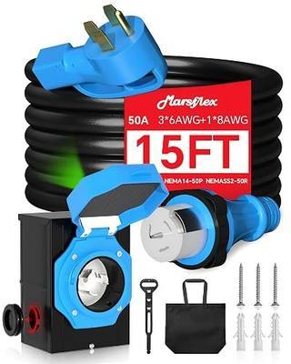 Marsflex 50 Amp 15FT Generator Cord and Power Inlet Box, 14-50P / SS2-50R | 3 Prong Extension Cord Combo Kit, NEMA 3R, Pre-Drilled, Waterproof Outdoor, ETL Listed, 125/250V, 12500W, 10/4 AWG STW Wire