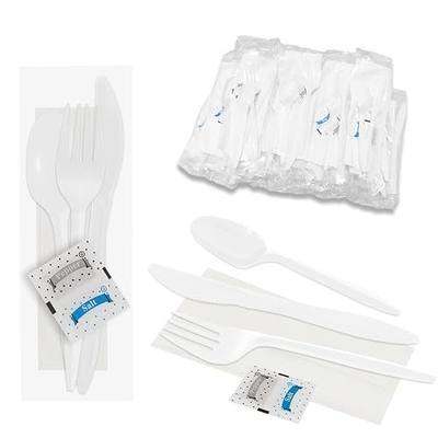 50 Pack Knife Fork Spoon Napkin Salt Pepper Sets, Individually Wrapped White Plastic Cutlery Packets for Delivery, Cafeterias, Restaurants