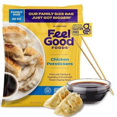 Feel Good Foods Chicken Potstickers - Family Size Gluten Free Dumplings with Umami Tamari Dipping Sauce, 22oz (Frozen)