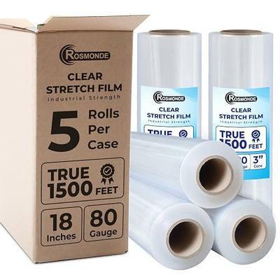 Rosmonde 18" Plastic Wrap for Moving, 5 Pack, 18" x 1500 ft Shrink Wrap | Premium Shrink Wrap Roll, 80 Gauge Thick, 9.4 lbs/Roll, Hand Bulk Stretch Wrap, Heavy Duty Stretch Film for Moving & Pallets