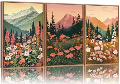 Tinonedraw Mountain Wildflower Framed Canvas Wall Art Set, Boho Mountains Landscape Wall Decor, Modern Floral Forest Scenery Artwork, Neutral Nature Art Prints for Living Room Bedroom Office 24"x36"x3