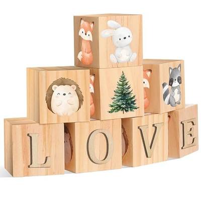 Wonderjune 86 Pcs Baby Shower Blocks to Decorate Game Kit, Woodland Animals Wooden Name Sign, 8 Animals Block with 78 Letter Name Cubes for Alphabet Wood Signs Playroom Decoration