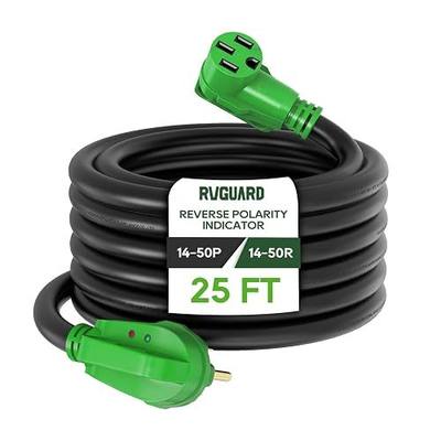 RVGUARD 50 Amp 25 Foot RV/EV Extension Cord with Reverse Polarity Indicator | NEMA 14-50P/R Heavy Duty Extension Cord with Cord Organizer, Green, ETL Listed