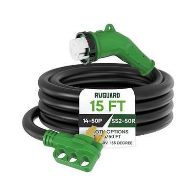 RVGUARD 50 Amp 15 Foot RV Power Cord with 135 Degree | 14-50P to SS2-50R Generator Extension Cord, Heavy Duty STW Cord with LED Power Indicator, Green, ETL Listed