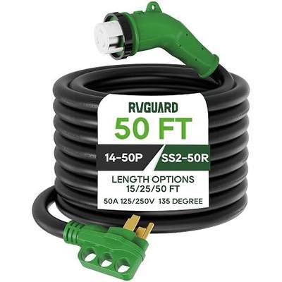 RVGUARD 50 Amp 50 Foot RV Power Cord with 135 Degree | 14-50P to SS2-50R Generator Extension Cord, Heavy Duty STW Cord with LED Power Indicator, Green, ETL Listed