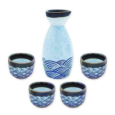 Porcelain Japanese Sake Set,1 Bottle and 4 Cups,Classic Blue Wave Pattern | Distinctive Handcrafted Texture & Exclusive Glaze Finish, Foam-Packed Gift Box, Ideal Sake Set for Home & Restaurant