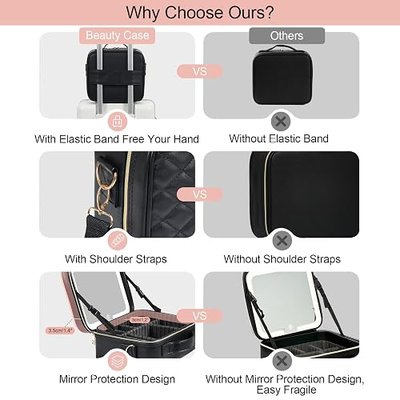 BEAUTY CASE Makeup Bag with Led Mirror, 10 Inch Portable Cosmetic Vanity Organizer Case with Adjustable Dividers, USB Charging, Large Capacity, Ideal for Travel, Gift for Women Girls, Black