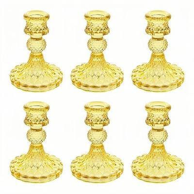 Clear Glass Candlestick Holders, Taper Candle Holders, Set of 6 | Crystal-yellow glass for taper holders, ideal for fall weddings, Thanksgiving tables, parties, Easter tables and home decor