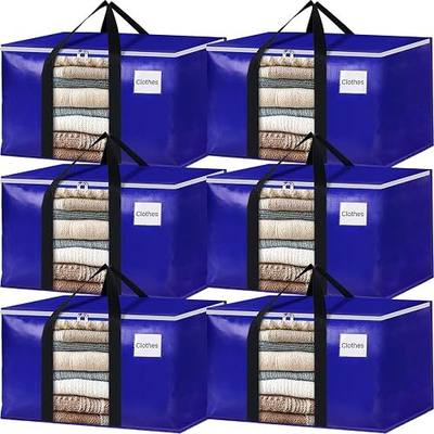 BlissTotes 6 Pack Moving Bags with Clear Window, Storage Bags with Strong Carrying Handles & Zippers,Large Packing Bags for Saving Space, Alternative to Moving Boxes(Blue,33 Gallon)