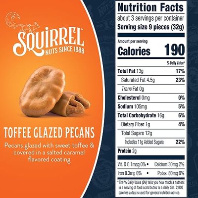 Squirrel Brand Toffee Glazed Pecans, 3.5 Ounces, Resealable Bag, Gluten Free, Kosher, Snacks for Adults and Kids