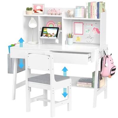 GDLF Kids Study Desk and Chair Set, Adjustable Children Study Table with Chair, Kids Wooden Desk with Hutch, Drawers, Book Stand, Whiteboard and Fabric Storage Bag for 5-12 Years Old
