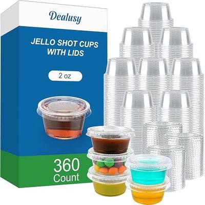 Dealusy 360 Set 2 oz Jello Shot Cups with Lids, Sturdy & Food Safe Disposable Plastic Portion Condiment Dipping Sauce Cups, Small Containers for Salad Dressing