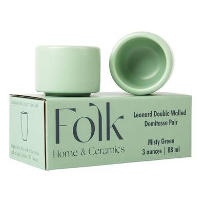 Folk Ceramics Leonard Ceramic Espresso Cups, Misty Green, 3oz, Set of 2 | Modern Stackable Demitasse Mugs, Double Walled, Handleless, Dishwasher & Microwave Safe
