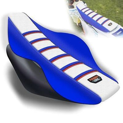 Universal Ribbed Dirt Bike Seat Cover for KX SX YZF CRF TTR - Gripper Striped Supermoto Dirtbike Seat Cover (Blue-White-Red)