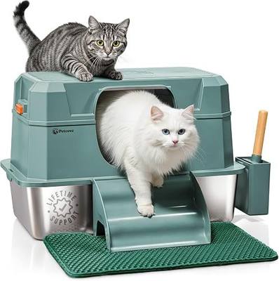 PetCove IronPaws Stainless Steel Enclosed Litter Box, XL Kit, 3 in 1 Design | Litter Box Stainless Steel with Lid for Indoor Cats, Activated Carbon Odor Eliminator, Steps, Mat & Scoop included, Blue