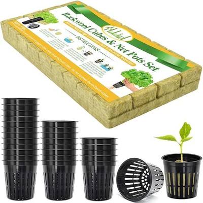 Halatool 36PCS 1.2" Rockwool Cubes & 30PCS 2" Net Cups for Hydroponics | Rockwool Garden Starter Plugs, Hydroponics Kit for Cuttings, Clone Plant, Propagation, Seed Starting & Soilless Cultivation
