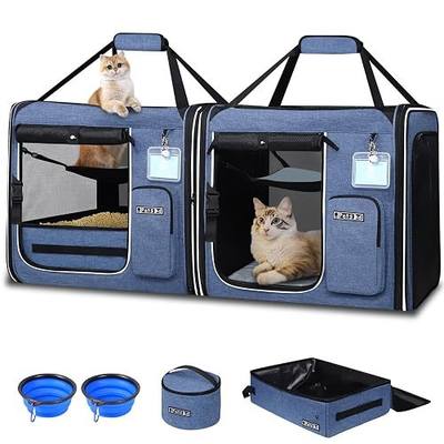 Petskd 2 in 1 Double Cat Car Travel Carrier with Litter Box, Blue | 38"Lx17"Wx18"H, Lockable Zippers, Portable Dual Extra Large Cat Carrier, for Multiple Cats, for Moving Across the Country