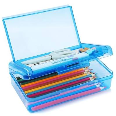 1 Pack Double Layer Hard Pencil Cases, Plastic Translucent Pencil Box with Snap-Tight Lid for Pens, Pencils, School, Stylish Office Supplies Storage Organizer Box,Medium-sized (Blue)