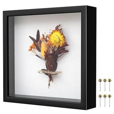 8x8 Shadow Box Frame | Soft Linen Back & Push Pins Included, Polystyrene Glass Memory Display Case for Flowers, Tickets & Cherished 3D Items, Black