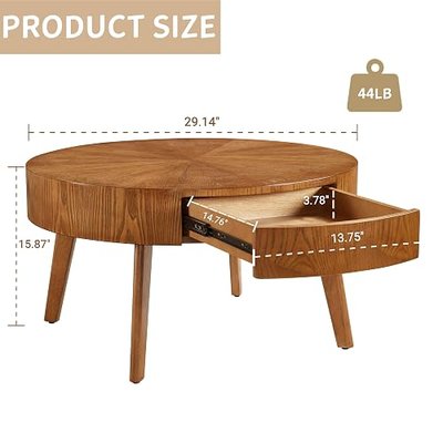 Round Wood Coffee Table for Living Room, Modern Farmhouse Table with Drawer, Wooden Circle Coffee Table, 29.14" L x 29.14" W x 15.87" H