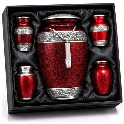 Urns for Human Ashes Adult Set of 6 - Includes 1 Large Cremation Urn with 4 Matching Keepsake Urns and 1 Memorial Necklace - Family Sharing Red Funeral Urn for Men and Women