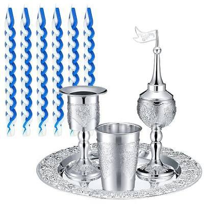 Mumufy 9 Pcs Shabbat Havdalah Set Include Havdualah Candle Holder Kiddush Cup Spice Box Goblet Silver Plate with 5 Pcs Havdalah Candle for Shabbat Judaica Decoration
