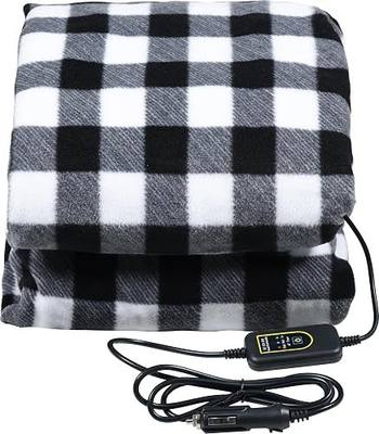 12V Electric Heated Blanket for Cars – Plaid Fleece with Timer & Heat Control, Faux Sherpa Lining (Black & White Plaid)