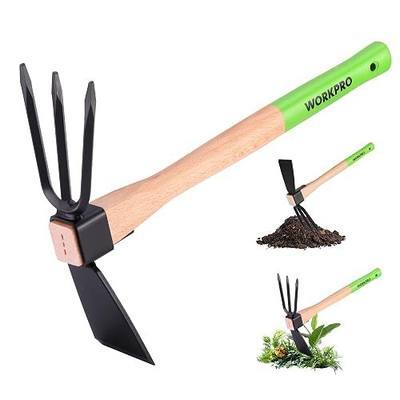 WORKPRO Hoe and Cultivator Garden Rake with 14" Wooden Handle | Sharp Hoe Blade & Sturdy 3 Claw Tiller, 2-in-1 Heavy Duty Gardening Hand Tools for Digging, Loosening Soil, Weeding