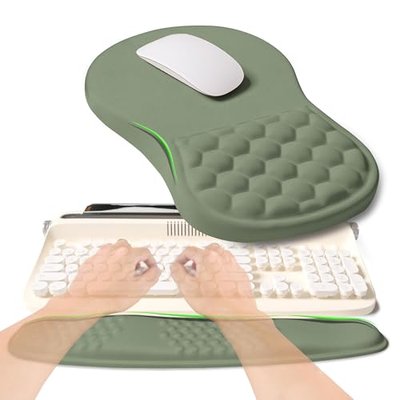 KUOSGM 2-in-1 Ergonomic Set, Wave Rise Keyboard Wrist Rest and Massage Bulge Slope Mouse Pad Wrist Support, Cushion Memory Foam Integrated to Relieve Wrist Pain, Olive Green