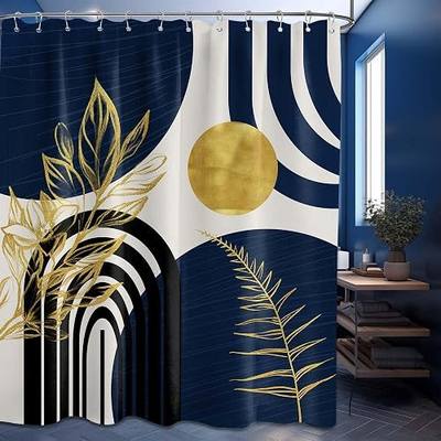 Navy Blue and Gold Shower Curtain, 72x72 in, Mid Century Modern | Dark Blue and White Theme, Mens Pattern Design, Boho Abstract MCM Bathroom Decor, Waterproof Polyester Fabric, with Hooks