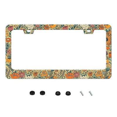 Beautiful Floral Print License Plate Frame Vintage Flower License Holder | Stainless Steel With Screws Fits Us Standard Auto Parts Decoration Rustproof Rattle-Proof Weather Resistant Easy Installation