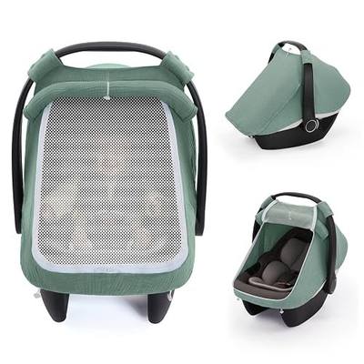Blissful Diary Baby Car Seat Cover, Extra Large Mesh Window, Breathable Muslin Cotton, Infant Windproof Canopy, Must-Have Baby Gift - Roman Green