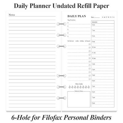 A6 Undated Daily Planner Refill - To Do List for Filofax Personal Binders, 80 Sheets/160 Pages Planner and Lined Refill, 6-Hole Punched, 3.75" x 6.75"
