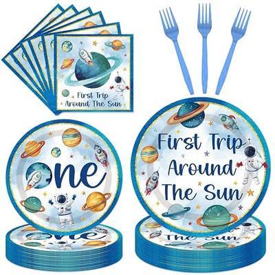 First Trip Around The Sun Decorations - 96PCS First Tirp Around The Sun Plates and Napkins Party Supplies Outer Space 1st Birthday Decorations Boy Disposable Paper Tableware Set Serves 24 Guests