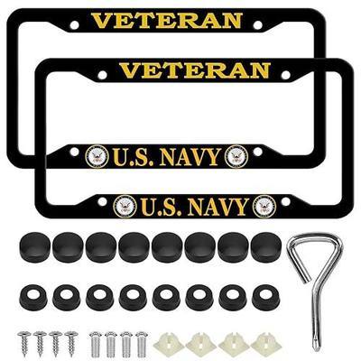 2 Pcs Aluminum Veteran License Plate Frame for U.S. Navy,4-Hole Matte Black for USN Car Licenses Plate Covers Holders Frames for Plates with Screw Caps