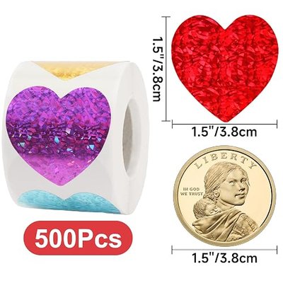 Anwyll Heart Stickers - 500Pcs 1.5'' Valentines Day Heart Stickers Holographic Colored Heart Shape Sticker for Reward Classroom Self Adhesive Love Incentive Sticker for Envelope Seal Birthday Wedding